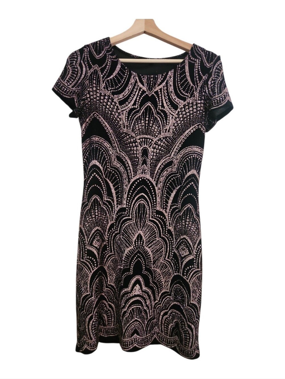 Jump Apparel Black Rose Gold Glitter Art Deco Bodycon Dress Medium